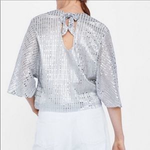 ZARA Silver Mirror Sequin Dolman Sleeve Flowy Top